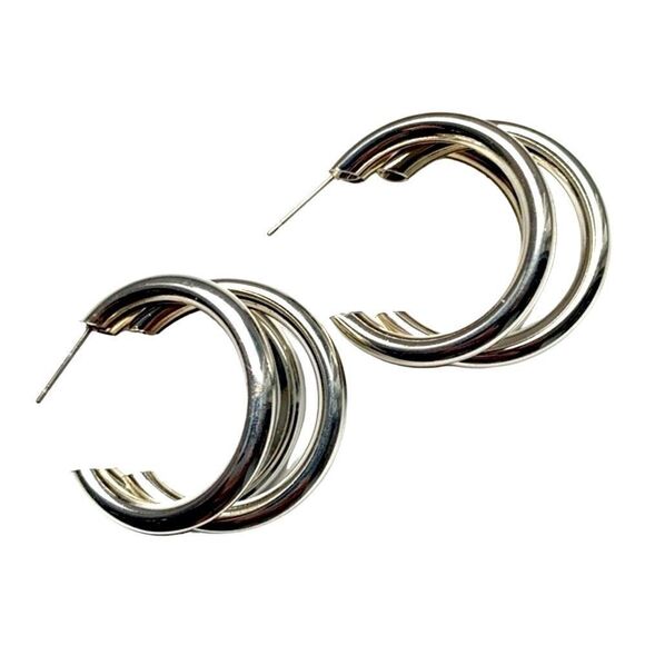 Hollow Triple Hoop Silver Tone Earrings Tri Hoop Earrings Modern Geometric Gift - Picture 1 of 8